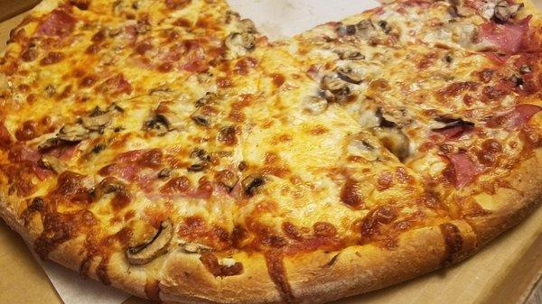 Canadian bacon and mushroom pizza