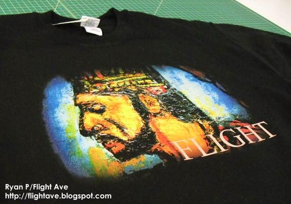 Digital / direct-to-garment print on black crewneck sweatshirt. Came out awesome, thanks Flight Ave for letting us share!