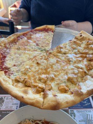 Small pizza -1/2 cheese, 1/2 buffalo chicken.