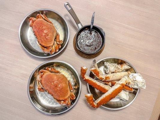 Dungeness Crabs and King Crab Legs with Homemade Trinity Sauce