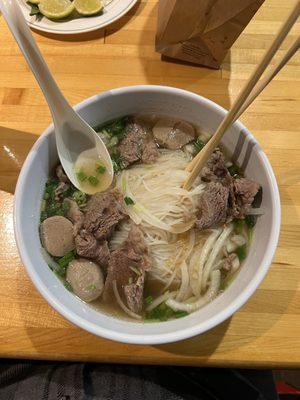 Beef pho with meatballs