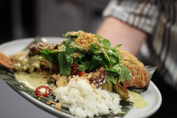 Crispy Whole Fish - Sweet & Sour Thai Eggplant, Rice Coconut Curry