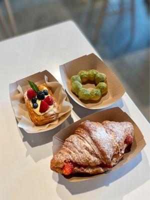 Fruit Lemon Cream Danish, Matcha Mochi Donut, Strawberries and Cream Croissant