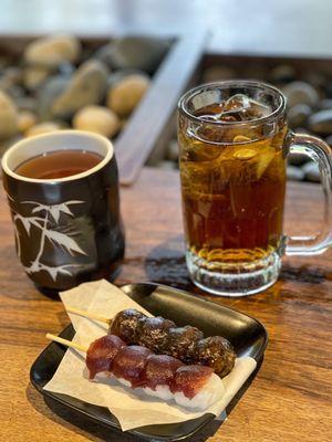 Hojicha tea, iced barley tea, and dango