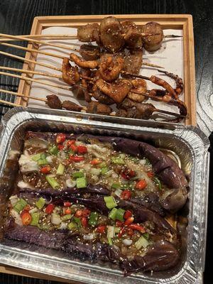 Chicken Gizzards 3, Grill Eggplant, Squid 3, Gluten skewers 3