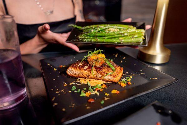 Blackened salmon, with mango chutney, and asparagus