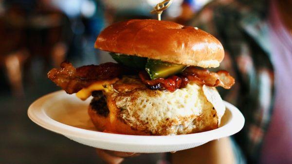 Classic Double Cheeseburger with avocado, fried egg, mayo, pepperjack, and bacon. (Burger was not seasoned at all lacked flavor )