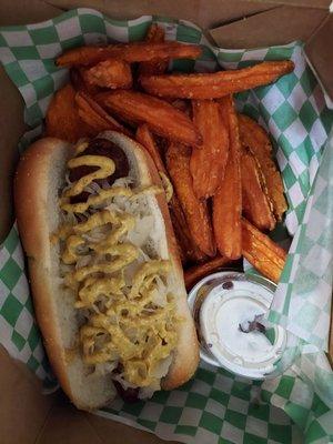 German sausage and sweet potato fries