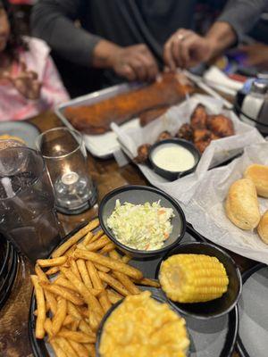 Full Slab of Ribs Dinner for 2 w/ Mac & Cheese, Corn on the Cobb, Fries, Rolls and Smoked Chicken Wings