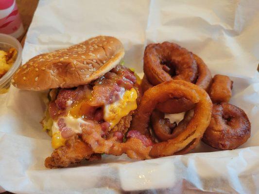 Chicken sandwich and onion rings