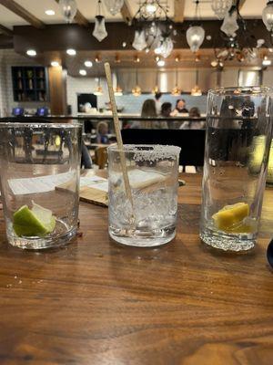 We sampled the water(pictured left, the margarita (middle), and iced tea. Special shout out to the water.