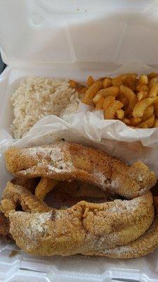 Fried catfish, rice, french fries and hush puppies