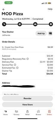 Receipt for Mod Pizza Doordash