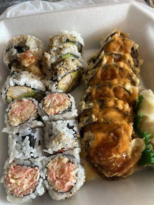 Shrimp Tempura Roll, Spicy Crunch Kani Roll and Dynamite Roll