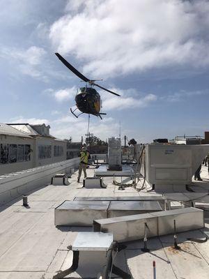 Helicopter lift for a CO2 refrigeration rack in Pacific Palisades. Fun day..