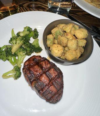 8oz Filet with small side of broccoli and great fried okra