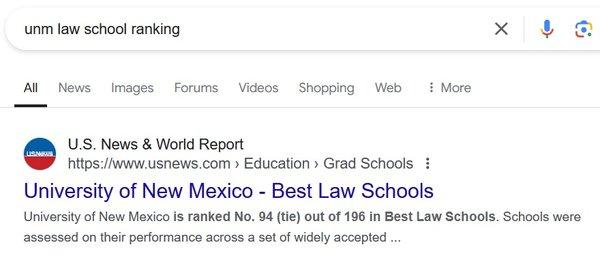 UNM law school ranking, 94 out of 196.