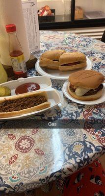 Chili dog, hamburger, rib sandwich