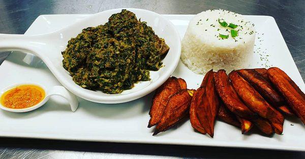 Bitterleaf stew and white rice with plantain