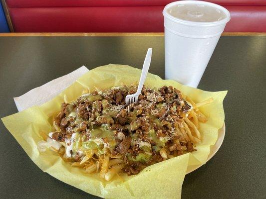 Adobada Fries with a large Horchata