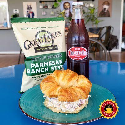 Chicken Salad on Toasted Croissant , Great Lakes Chips, and a Cheerwine!