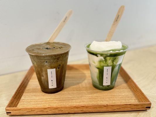 Matcha einspanner and black sesame and Hojicha einspanner