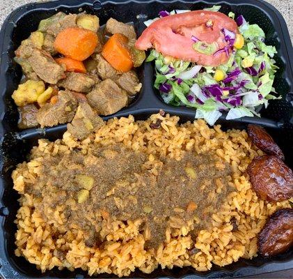 Beef Stew, Yellow Rice, Black Beans, Salad- includes a free can of soda ($11)