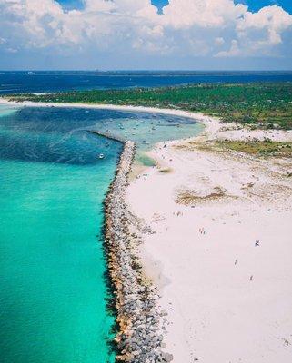 A view of the jetties between Shell Island and St. Andrews.