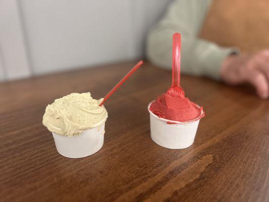 Pistachio gelato and raspberry sorbet