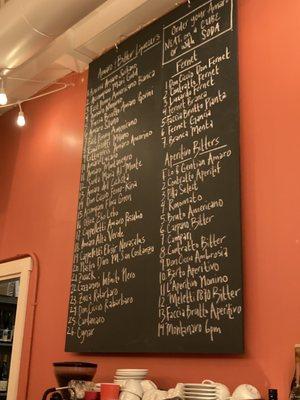 Menu; they specialize in amaro and aperitivo bitters