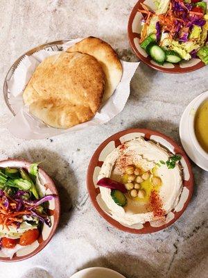 Hummus, fresh baked pita bread and soup/salad :-)