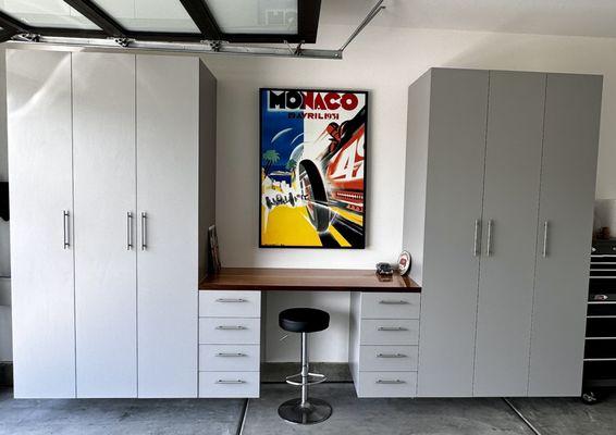 Custom cabinets for the garage and a stunning workbench.