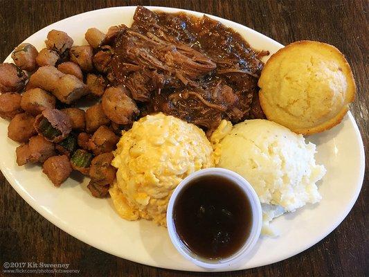 Wednesday Pot Roast special with mac and cheese, fried okra, mashed potatoes (and gravy), and a cornbread muffin