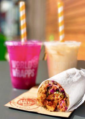 Tikka Masala Chicken Wrap w/ brown rice-quinoa, slaw, masala, raita ($9.95+$3 extra chicken), Dragon Fruit + Jasmine Milk Tea ($4.25 ea)