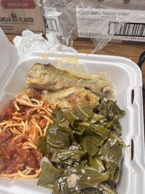 Smothered baked chicken, dressing, spaghetti, and collard greens