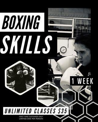 1 week unlimited boxing classes 35.00 t-shirt included