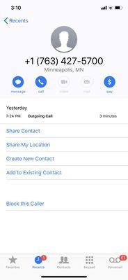 Of call log showing when called untrustworthy company