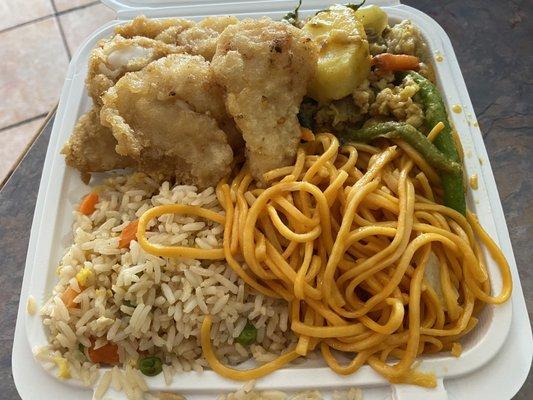 Fried Fish, Curry Chicken, Chow Mein & Fried Rice