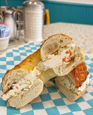 Asiago bagel with fresh made Garden Veggie Cream Cheese