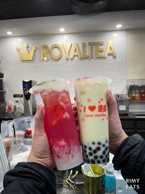 Lychee Dragonfruit Tea with lychee jelly and Jasmine Milk Tea with boba