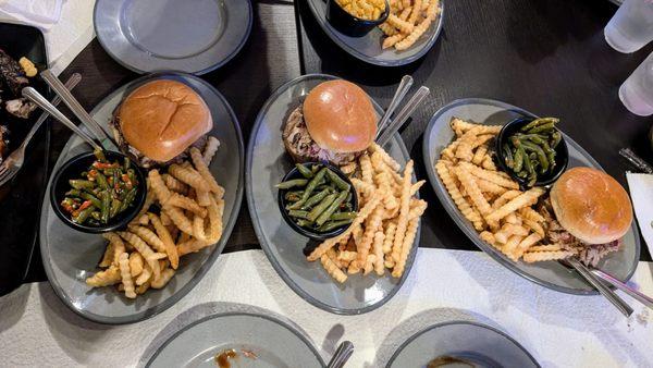 Pulled pork sandwich with fries and green beans