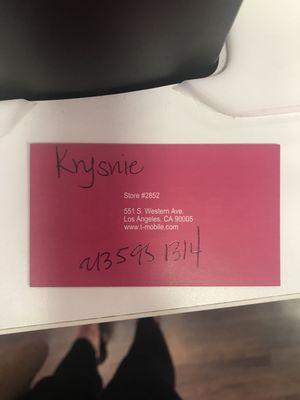 T-Mobile employee's own handwriting on a company card with a cell phone number that wasn't even hers.