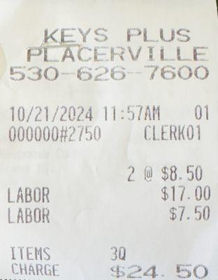 10/21/2024:  Two scissor shears and one meat cleaver sharpened receipt.