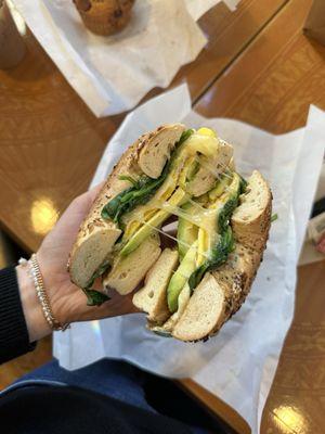 Egg sandwich on a bagel (with avocado, spinach, and cheese add ons)