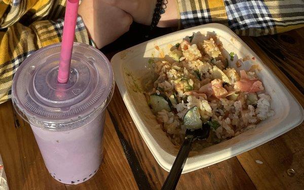 Salmon poke bowl and taro boba. We dived right in!