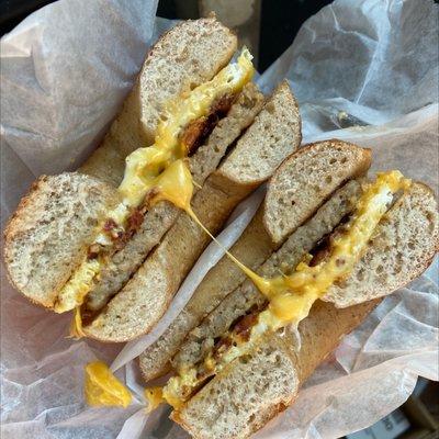 Sausage bacon egg and cheese on wheat