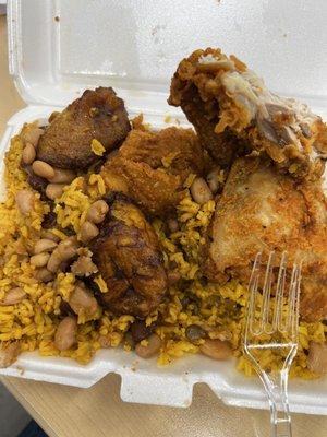 Fried chicken, yellow rice and beans, Sweet Fried Plantains