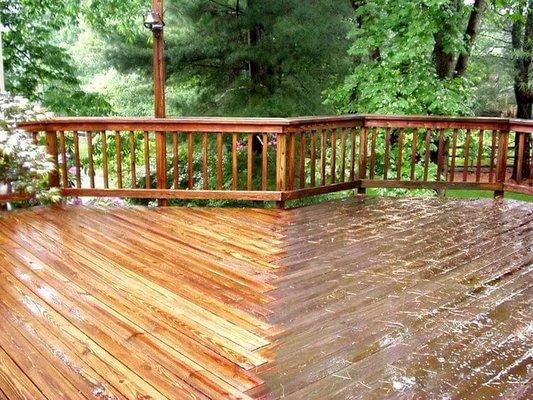 Deck power washing before and after.