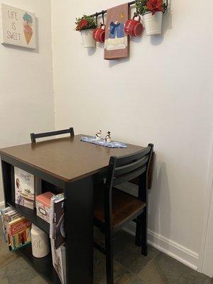 I love my kitchen table- perfect for the space I have! There is also a leaf that folds up to make the table larger if wanted.