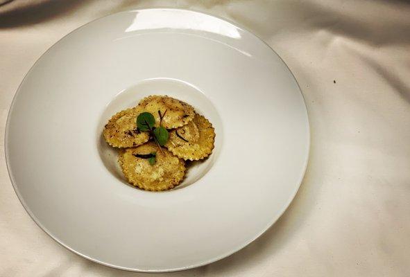 Butternut squash and pumpkin ravioli, brown butter and sage.